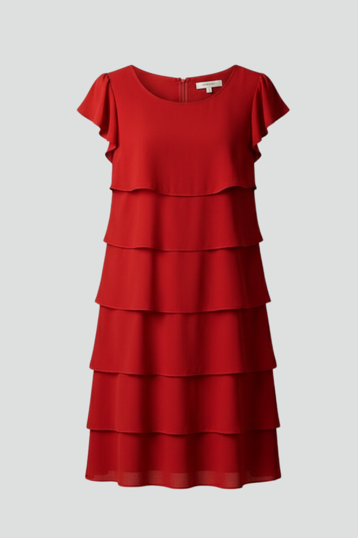 Women’s Knee-Length Dress with Tiered Layers and Short Sleeves
