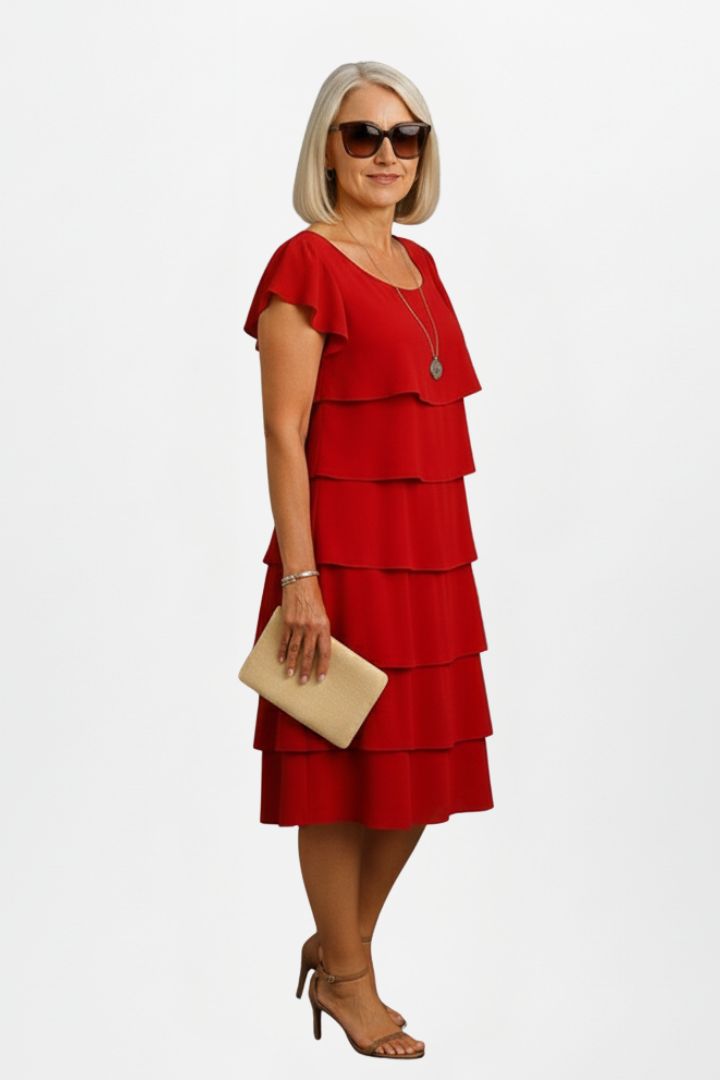 Women’s Knee-Length Dress with Tiered Layers and Short Sleeves