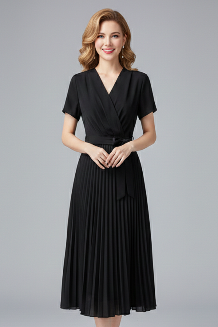 Women’s Knee-Length Dress with V Neckline and Pleated Skirt