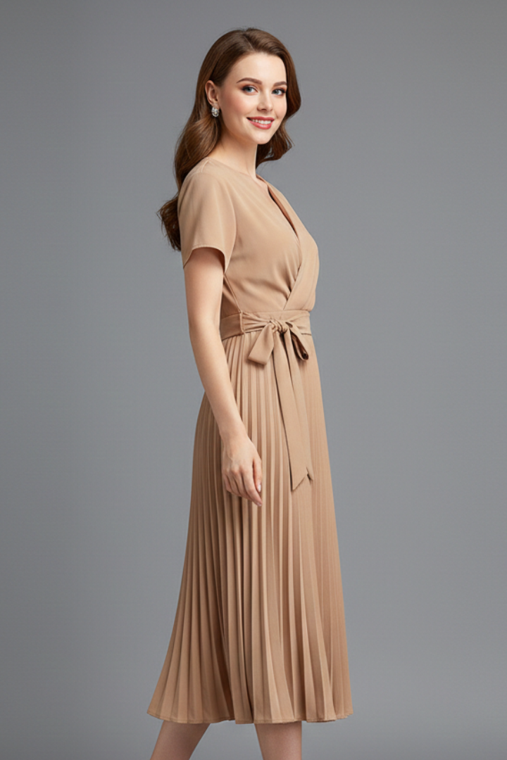 Women’s Knee-Length Dress with V Neckline and Pleated Skirt
