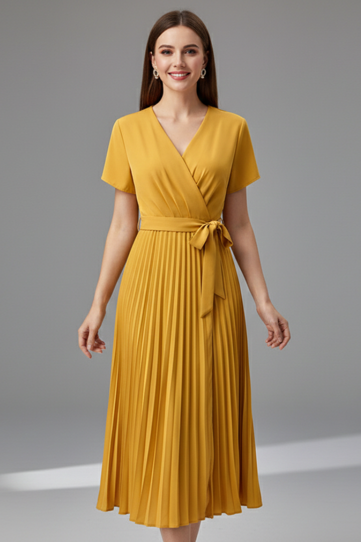 Women’s Knee-Length Dress with V Neckline and Pleated Skirt