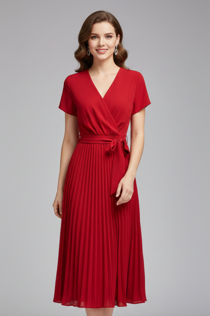 Women’s Knee-Length Dress with V Neckline and Pleated Skirt