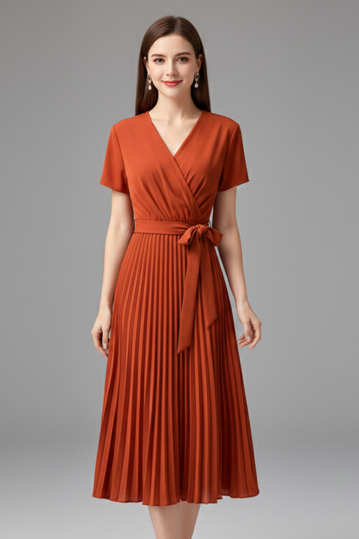 Women’s Knee-Length Dress with V Neckline and Pleated Skirt