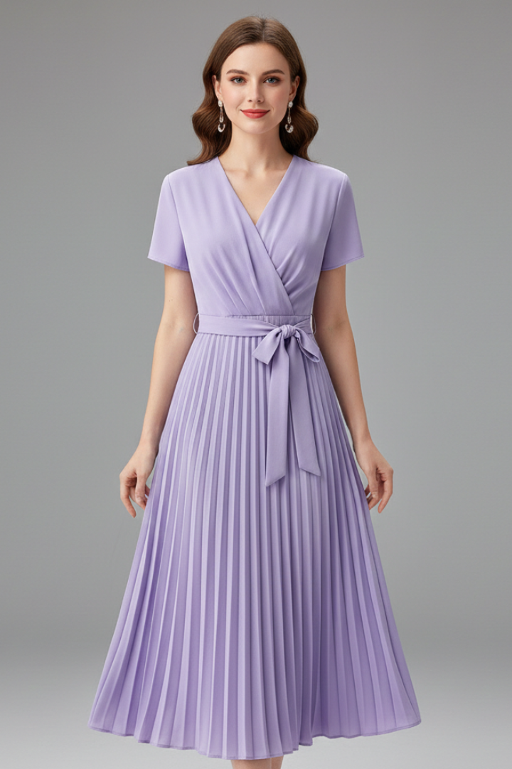 Women’s Knee-Length Dress with V Neckline and Pleated Skirt