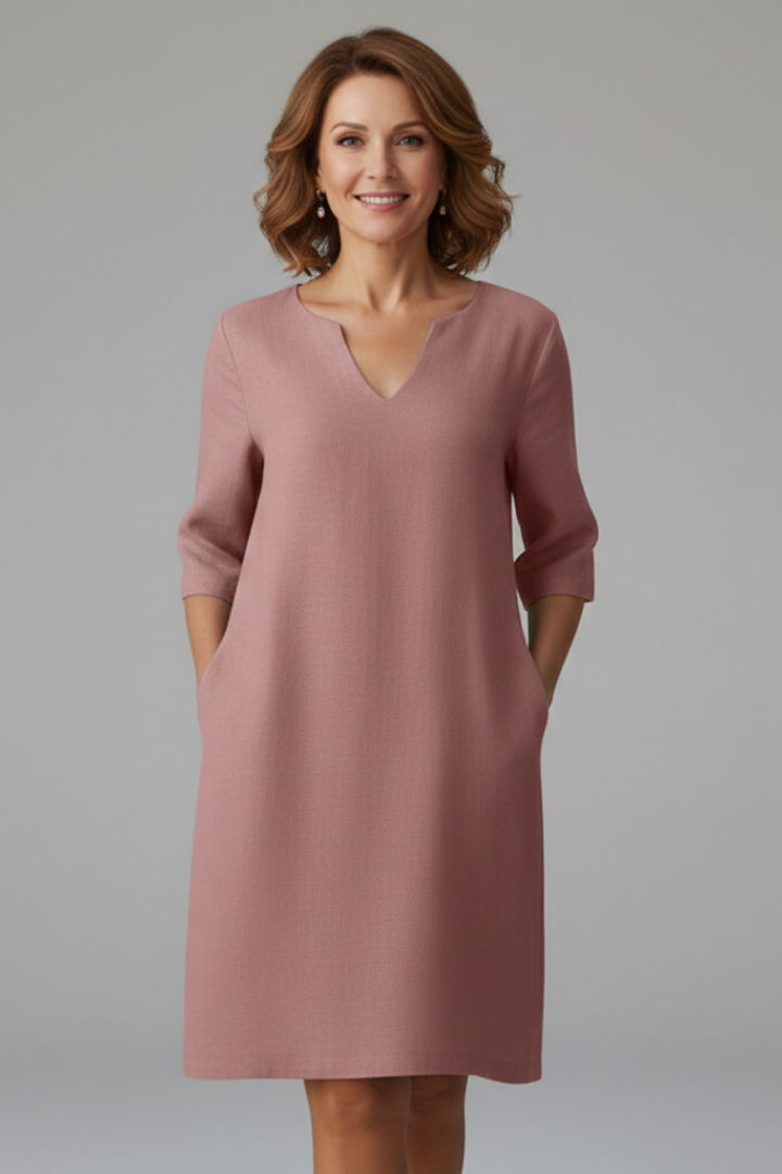 Women’s Knee-Length Dress with V Neckline and Three-Quarter Sleeves