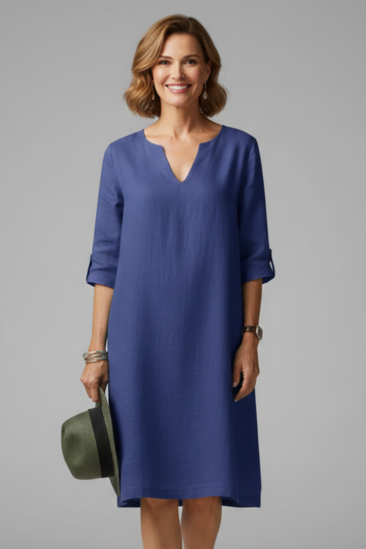 Women’s Knee-Length Dress with V Neckline and Three-Quarter Sleeves