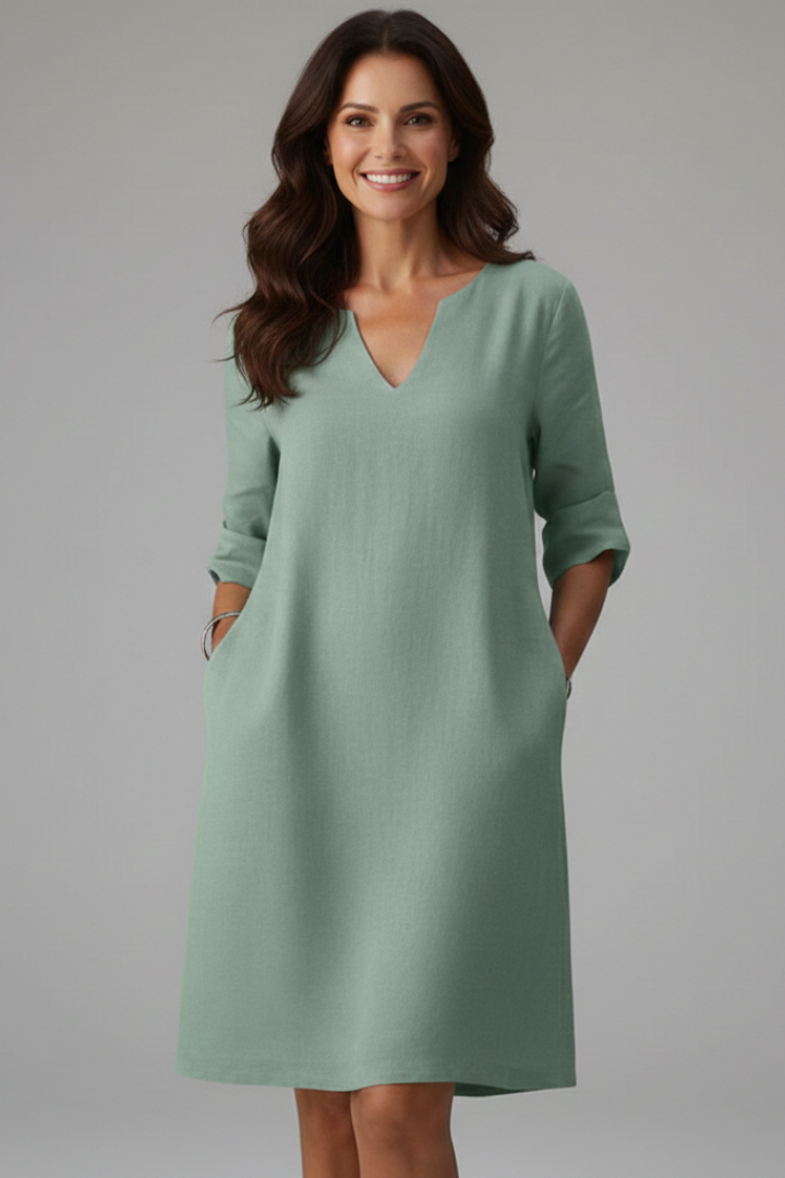 Women’s Knee-Length Dress with V Neckline and Three-Quarter Sleeves