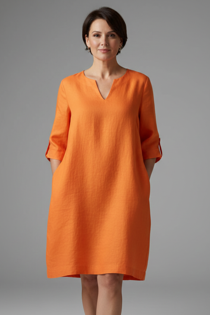 Women’s Knee-Length Dress with V Neckline and Three-Quarter Sleeves