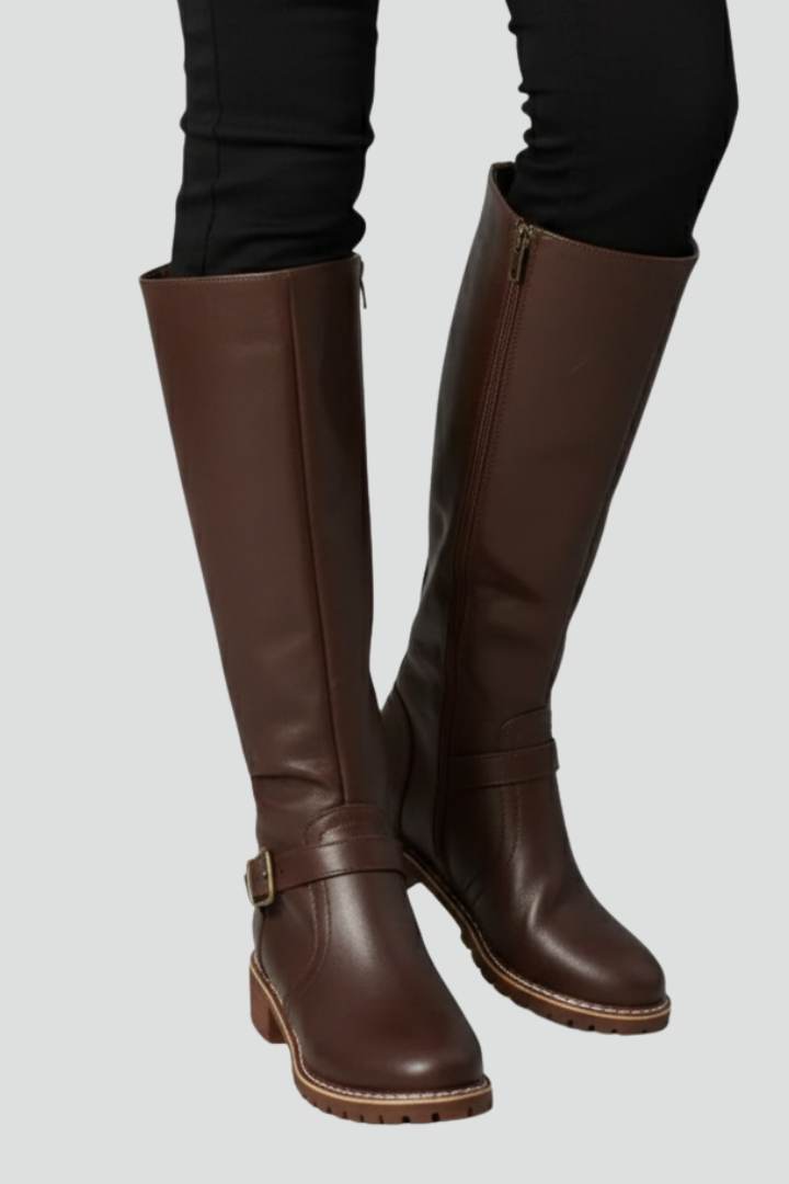 Women’s Knee Boots with Plain Upper and Buckle Detail