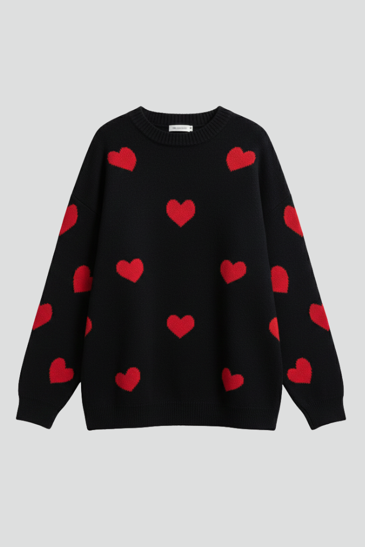 Women’s Knit Jumper with Round Neck and Heart Pattern