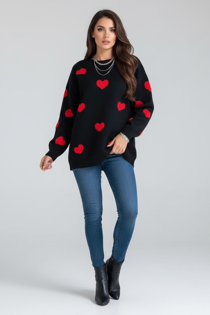 Women’s Knit Jumper with Round Neck and Heart Pattern