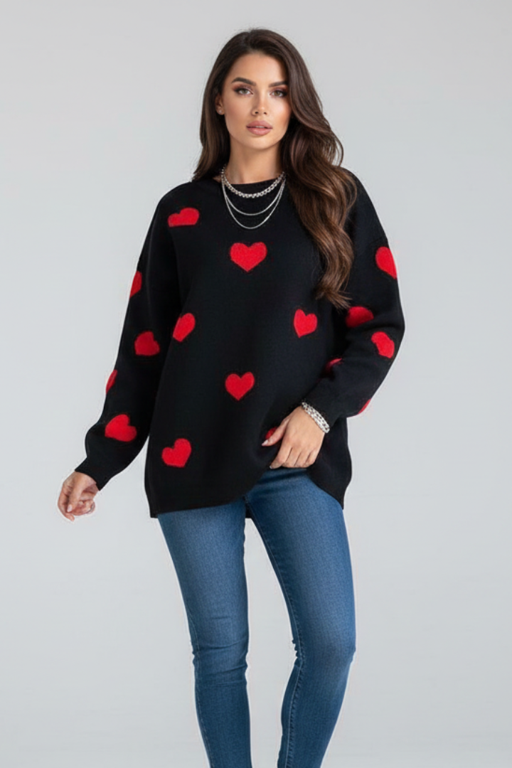 Women’s Knit Jumper with Round Neck and Heart Pattern