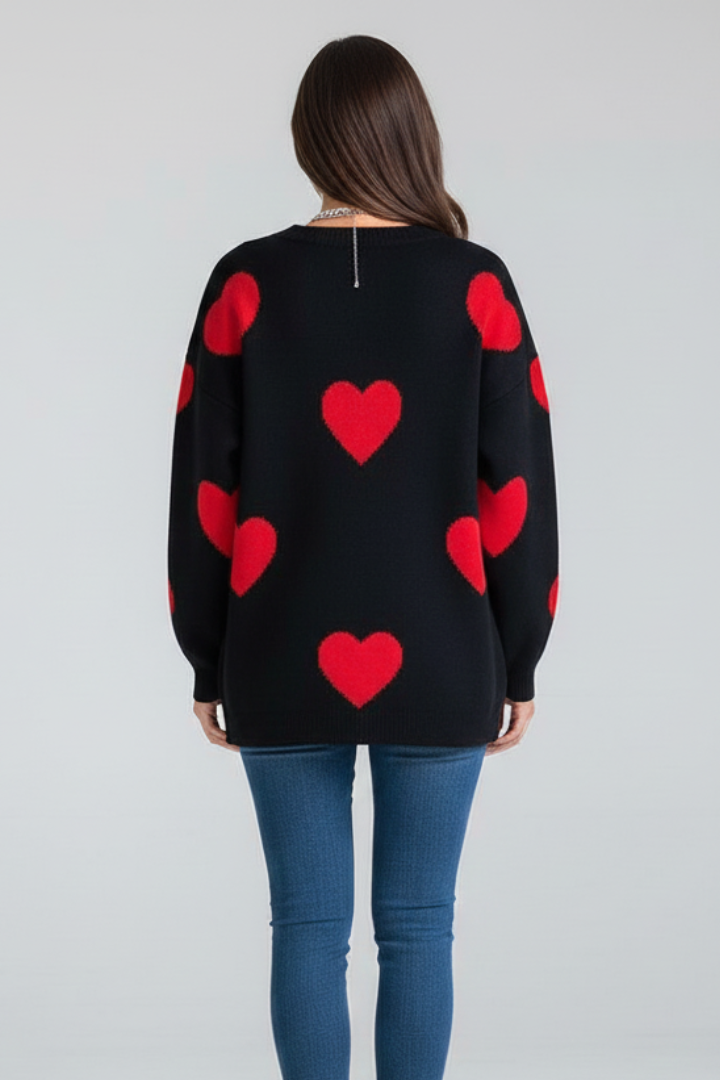Women’s Knit Jumper with Round Neck and Heart Pattern