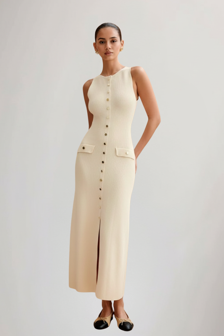 Women’s Knit Maxi Dress with Sleeveless Cut and Front Buttons