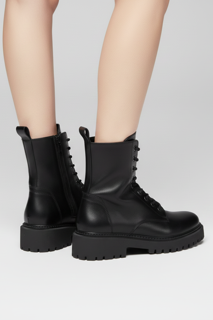 Women’s Lace-Up Boots with Side Zipper and Chunky Sole