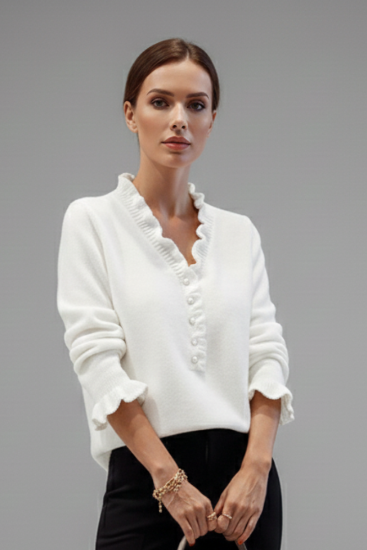 Women’s Long-Sleeve Sweater with Ruffled Collar and Pearl Buttons