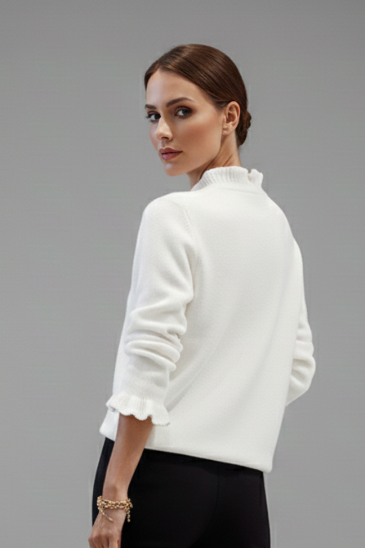 Women’s Long-Sleeve Sweater with Ruffled Collar and Pearl Buttons