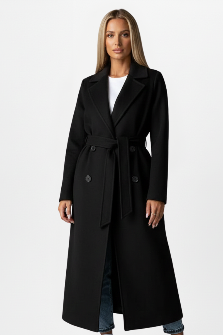 Women’s Long Coat with Belt and Double-Breasted Front