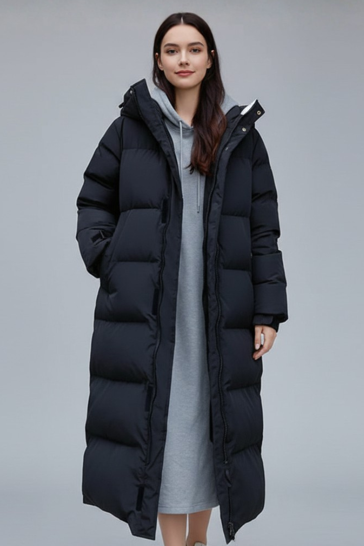 Women’s Long Coat with Hood and Concealed Closure