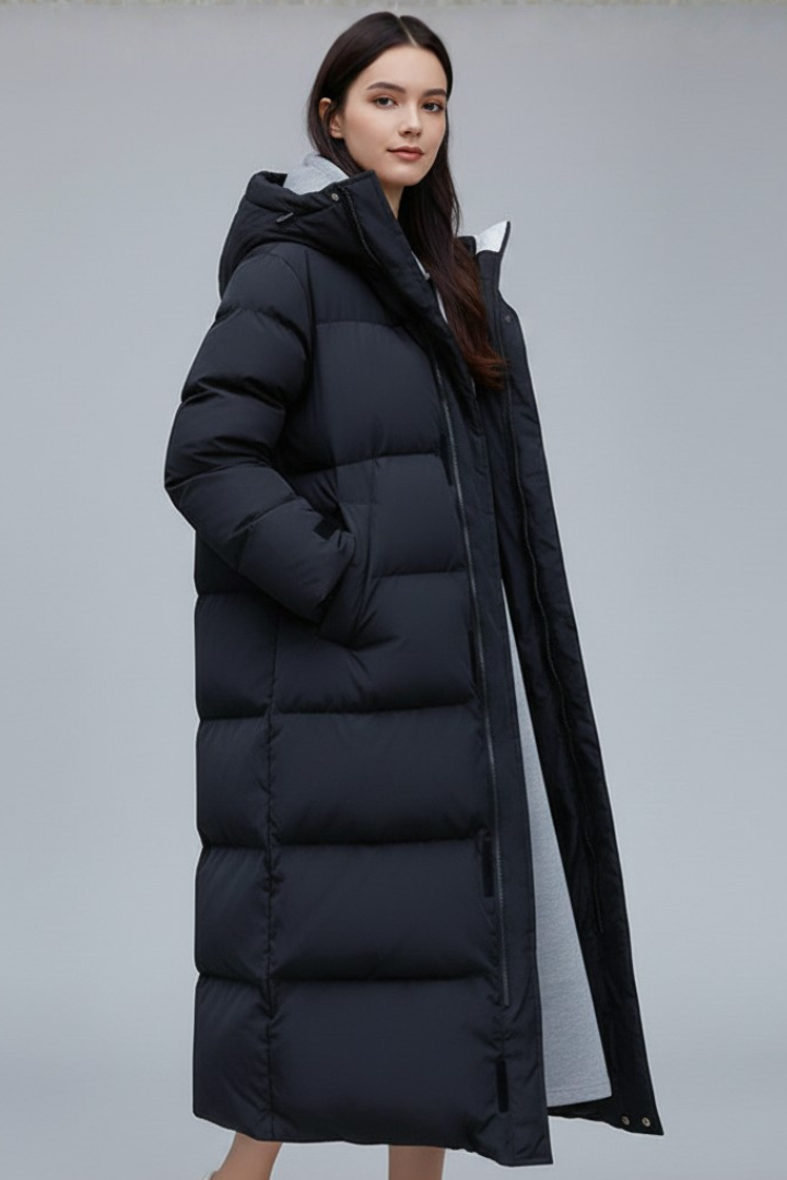 Women’s Long Coat with Hood and Concealed Closure
