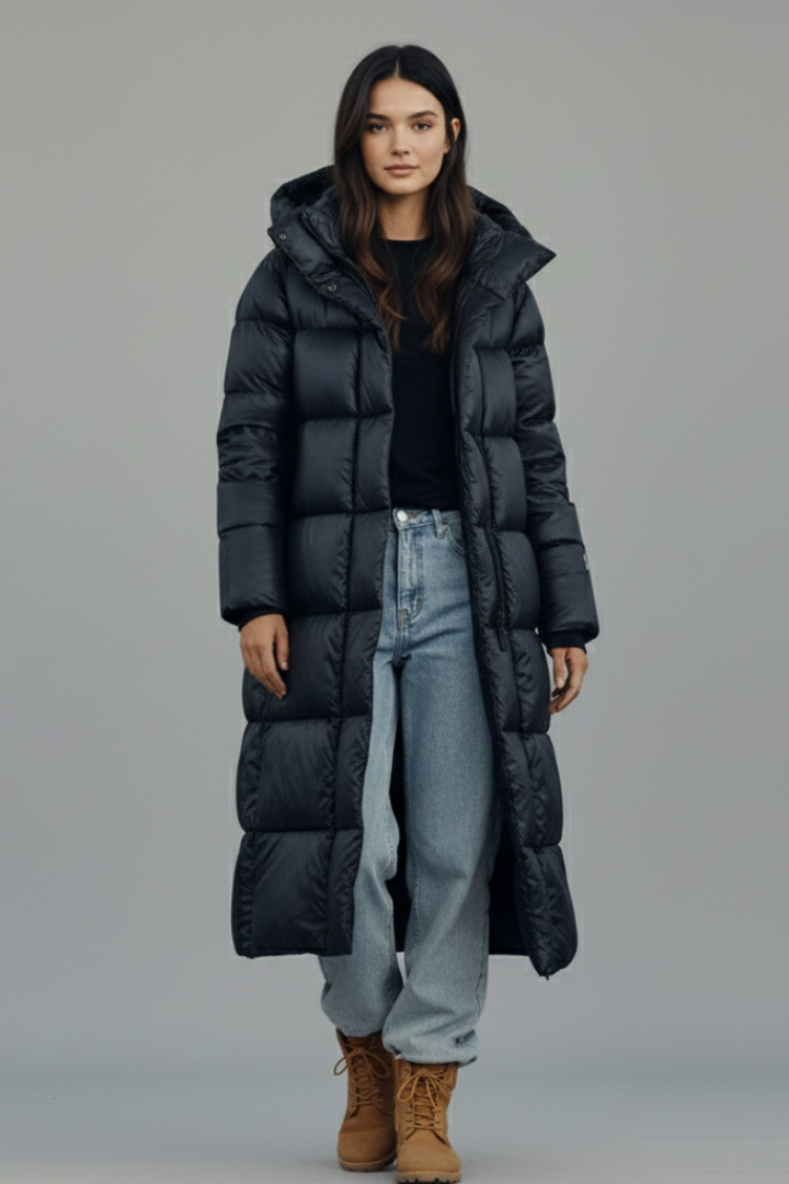 Women’s Long Coat with Hood and Zip Closure