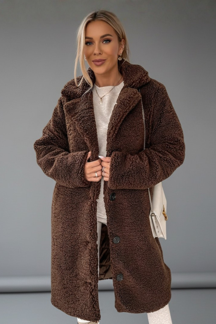 Women's Long Coat with Wide Collar and Button Fastening