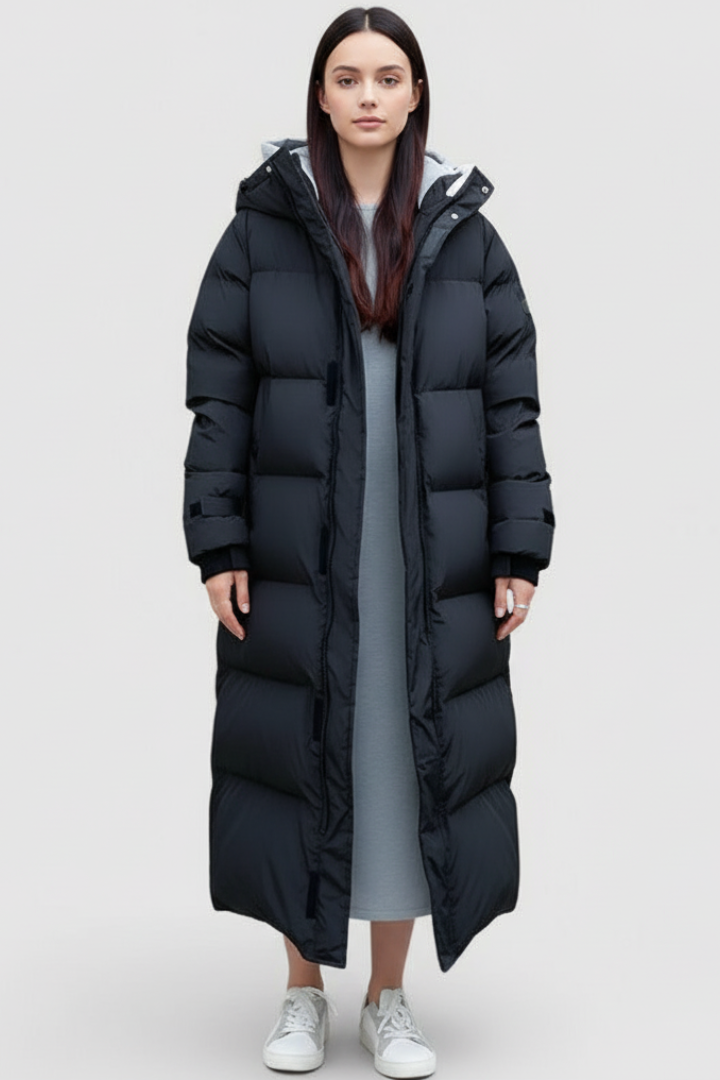 Women’s Long Puffer Coat with Hood and Quilted Panels