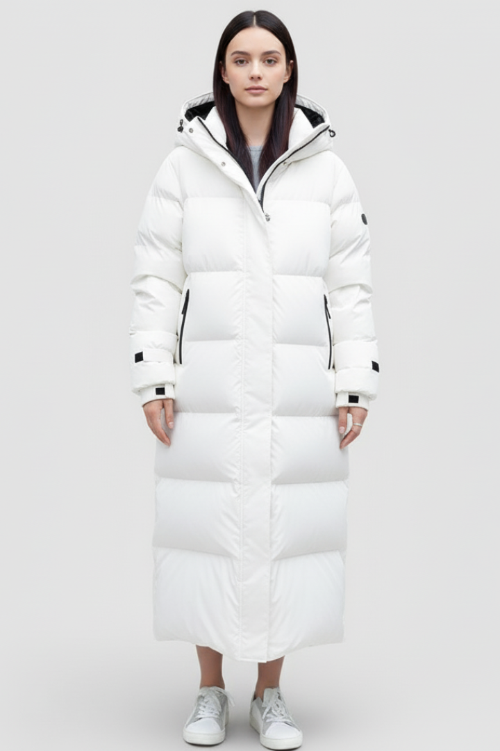 Women’s Long Puffer Coat with Hood and Quilted Panels