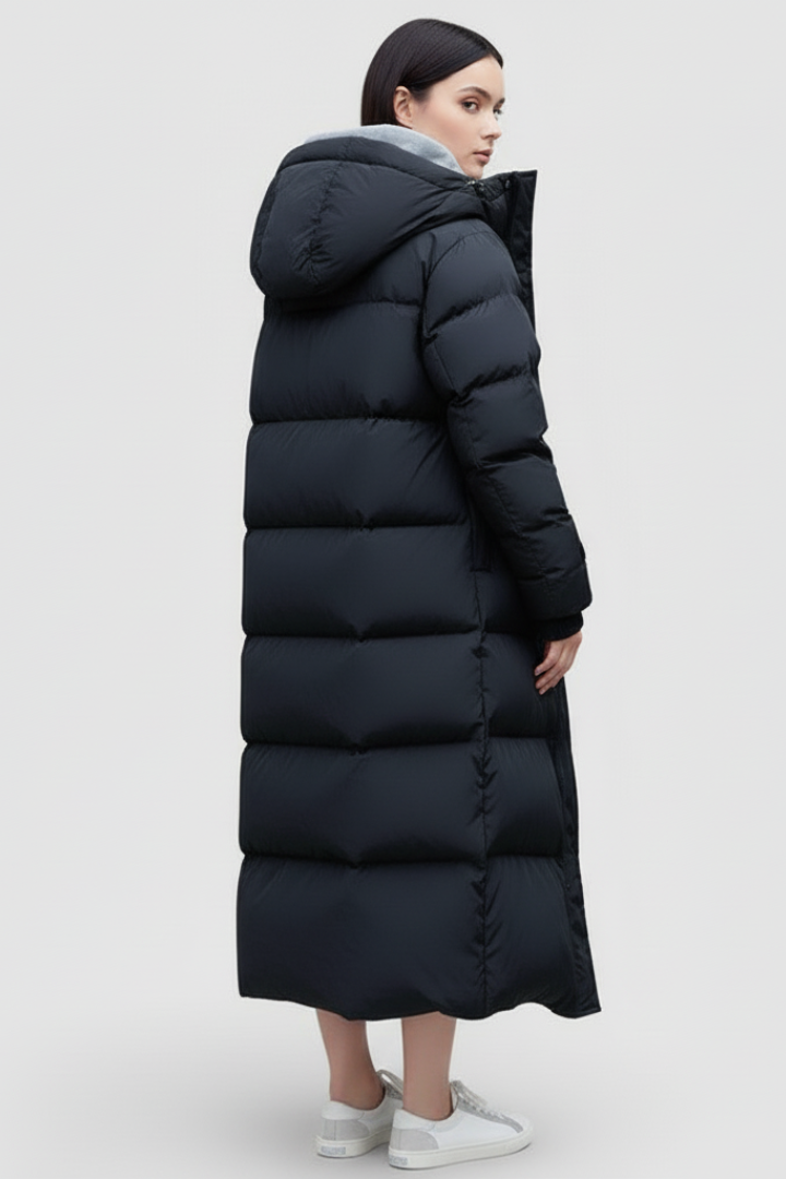 Women’s Long Puffer Coat with Hood and Quilted Panels