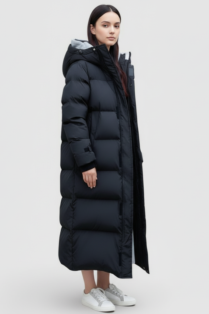 Women’s Long Puffer Coat with Hood and Quilted Panels