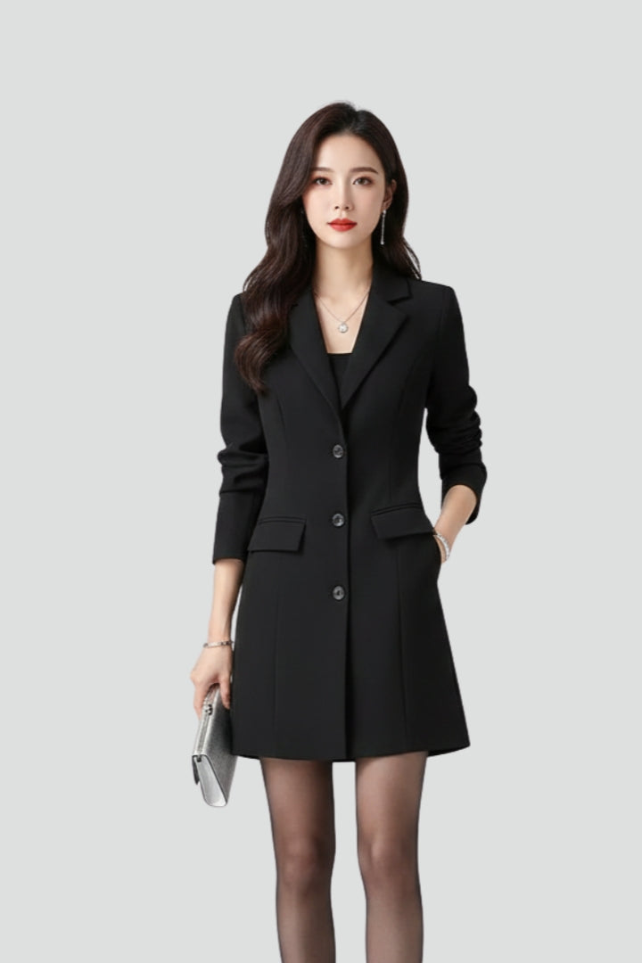 Women’s Longline Blazer with Notched Lapel and Front Buttons