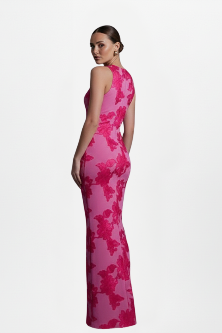 Women’s Maxi Dress with High Neck and Printed Surface