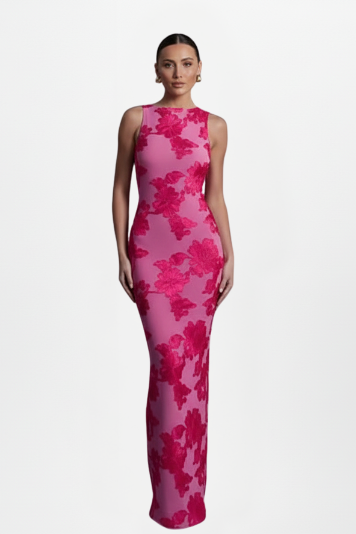 Women’s Maxi Dress with High Neck and Printed Surface