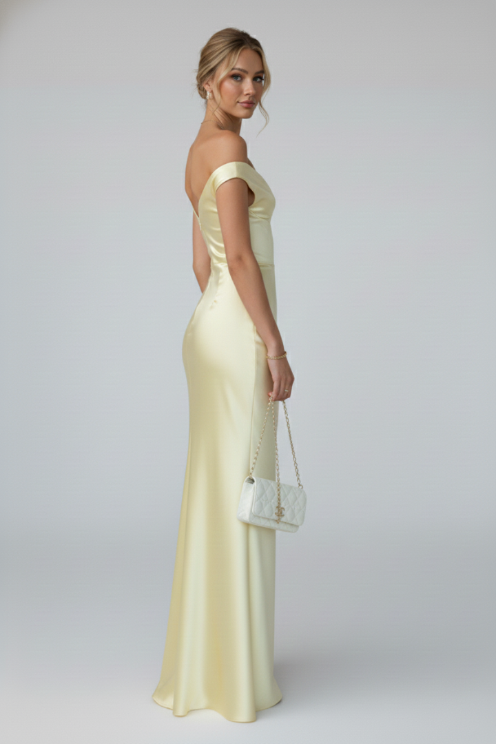 Women’s Maxi Dress with Off-Shoulder Neckline and Fitted Upper