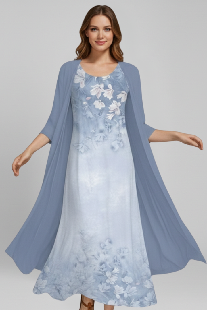 Women’s Maxi Dress with Open Cardigan and Printed Surface