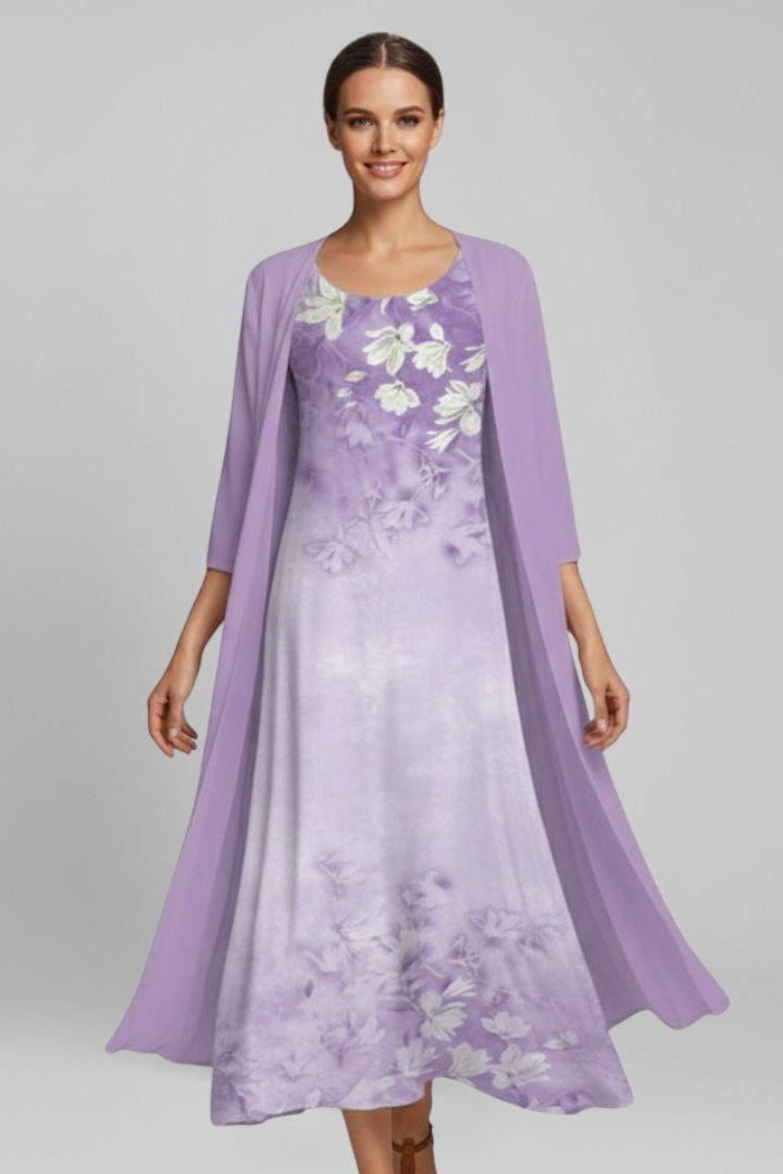 Women’s Maxi Dress with Open Cardigan and Printed Surface