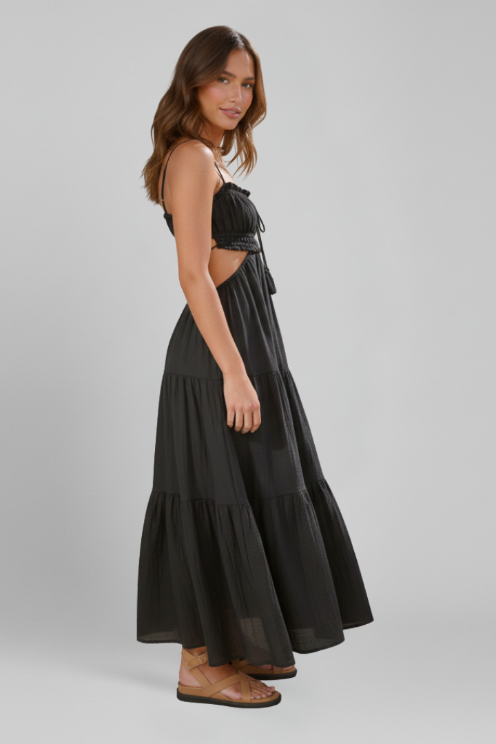 Women’s Maxi Dress with Straight Neckline and Tiered Skirt