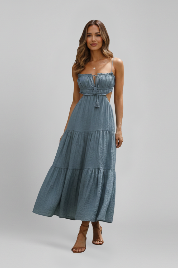 Women’s Maxi Dress with Straight Neckline and Tiered Skirt