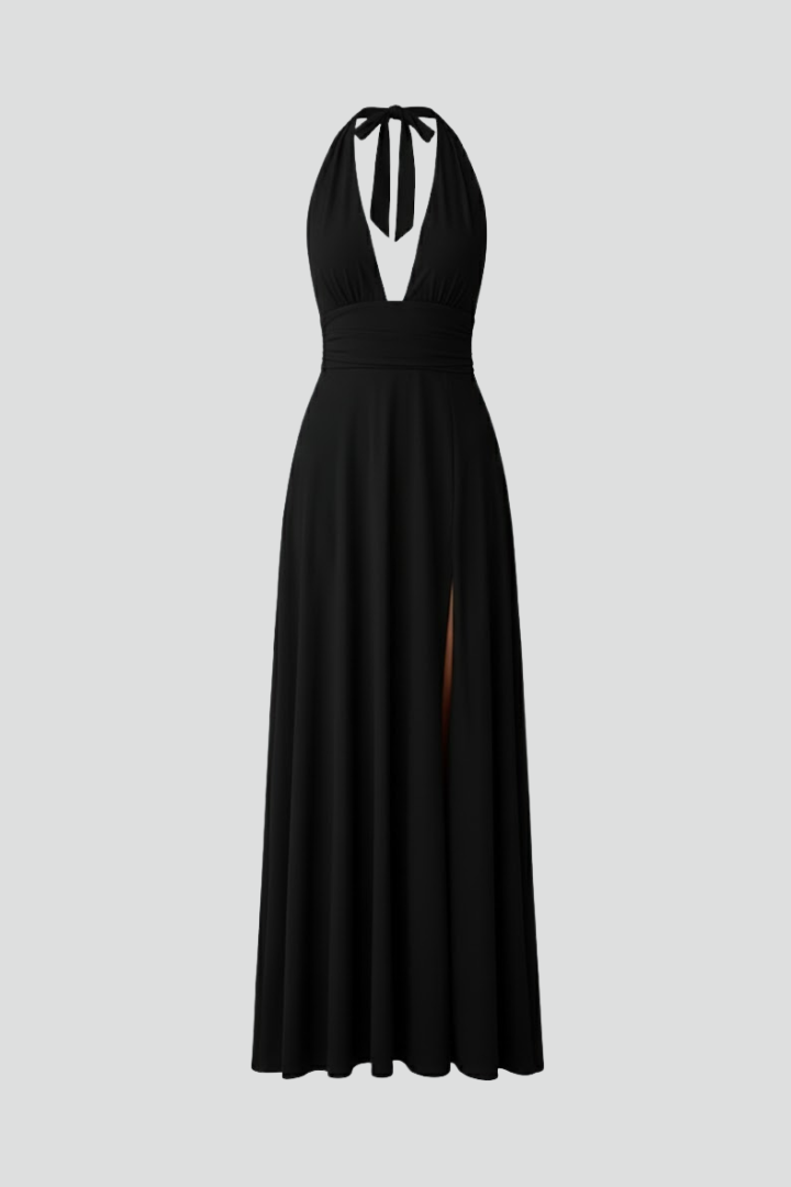 Women’s Maxi Dress with Tie Neck and Slit