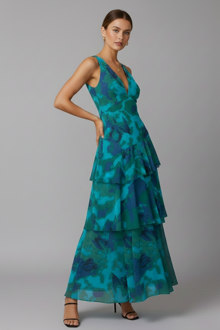 Women’s Maxi Dress with Tiered Skirt and V‑Neck