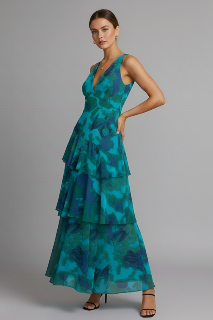 Women’s Maxi Dress with Tiered Skirt and V‑Neck