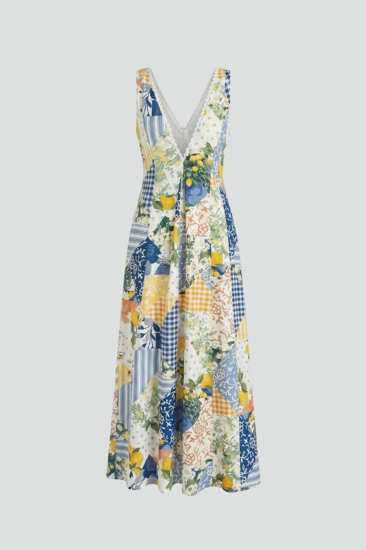 Women’s Maxi Dress with V-Neck and Printed Surface