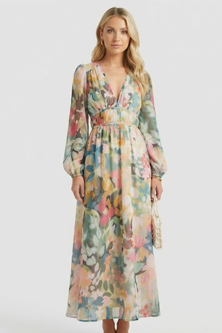 Women’s Maxi Dress with V Neck and Floral Print