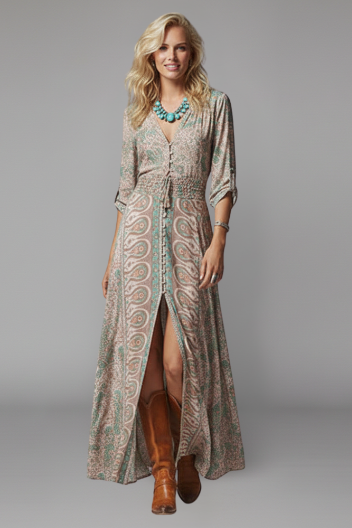 Women’s Maxi Dress with V Neckline and Long Sleeves