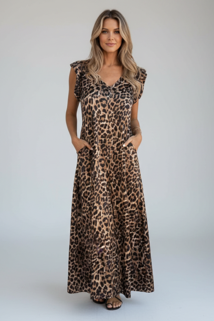 Women’s Maxi Dress with V Neckline and Patterned Surface