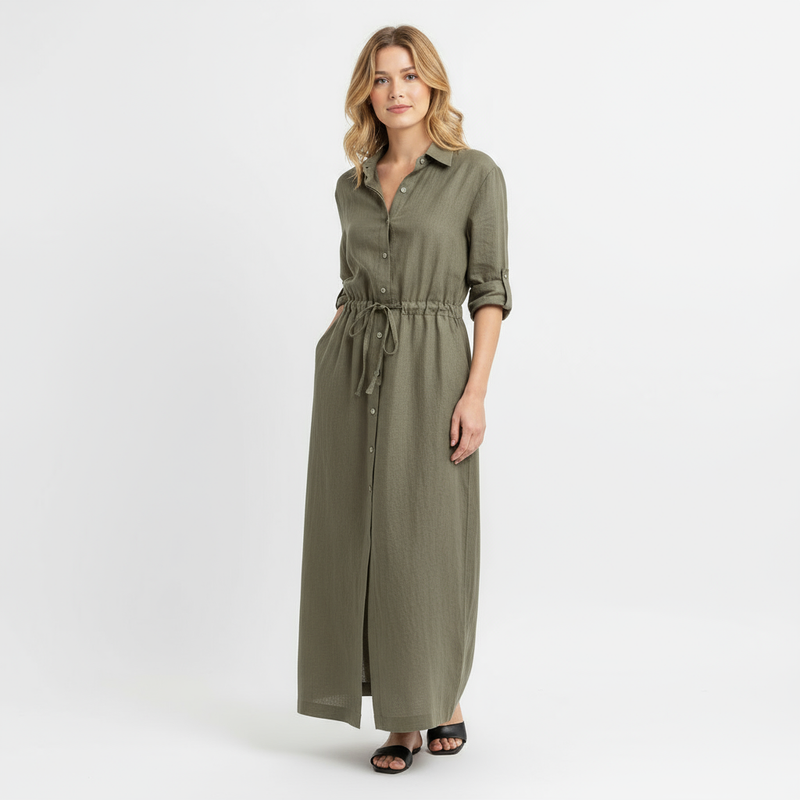 Women’s Maxi Shirt Dress with Long Sleeves and Drawstring Waist