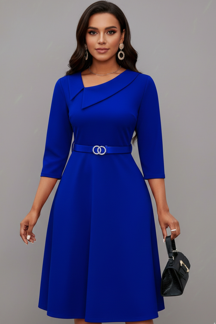 Women’s Midi Dress with Asymmetrical Neckline and Belt