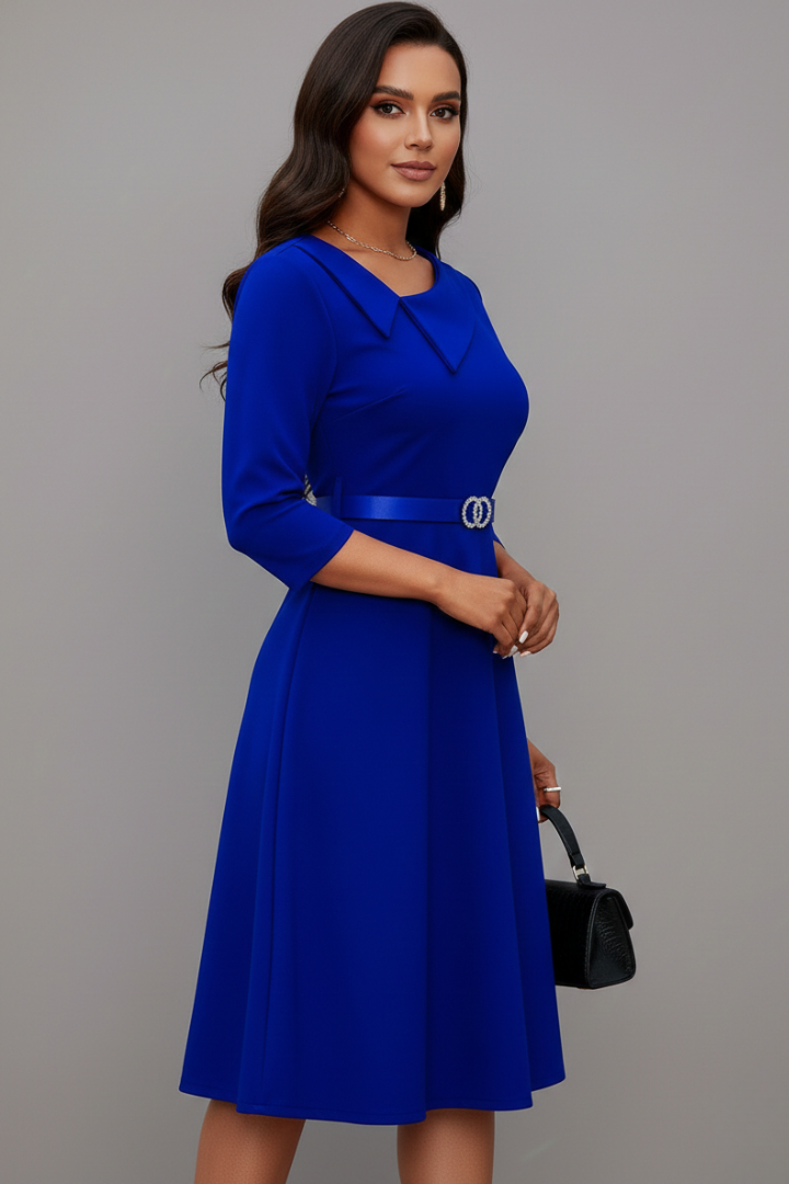 Women’s Midi Dress with Asymmetrical Neckline and Belt