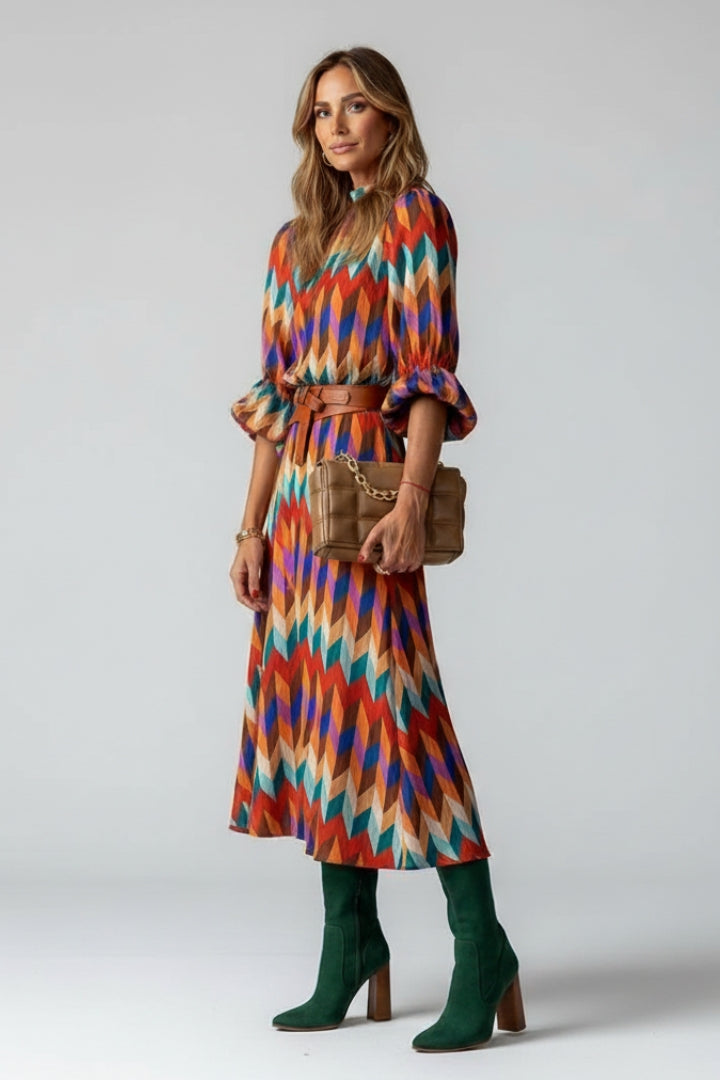 Women’s Midi Dress with Geometric Multicolour Print