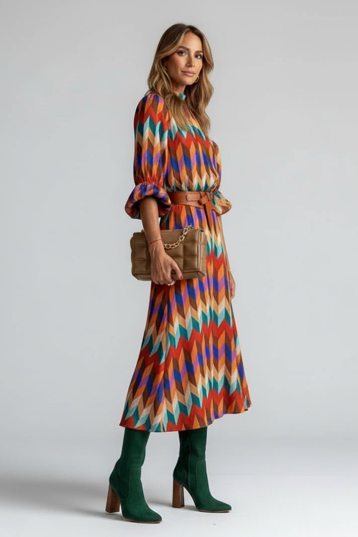 Women’s Midi Dress with Geometric Multicolour Print